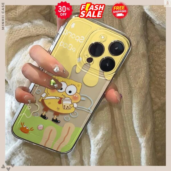 Ốp lưng iphone trong suốt chủ đề hoạt hình patrick and spongebob uống trà sữa cute