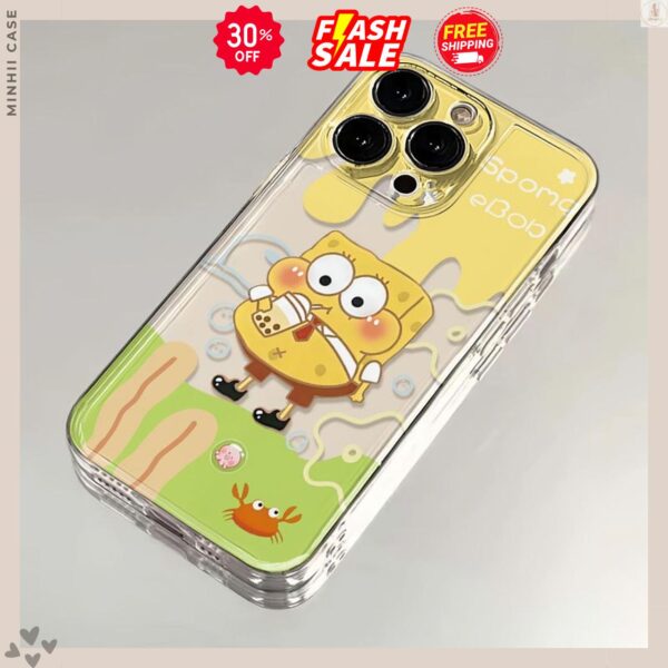 Ốp lưng iphone trong suốt chủ đề hoạt hình patrick and spongebob uống trà sữa cute - Image 2