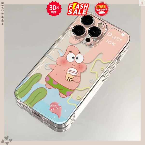 Ốp lưng iphone trong suốt chủ đề hoạt hình patrick and spongebob uống trà sữa cute - Image 3